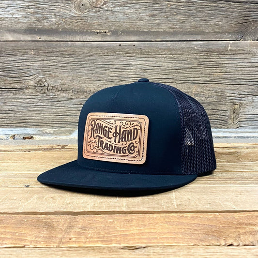 Leather Buckle Patch 5 Panel Trucker Hat - Black